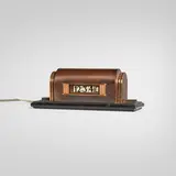Lawson Time Inc., Table clock, model 208, c. 1933, bronze, copper, Bakelite, lacquered wood