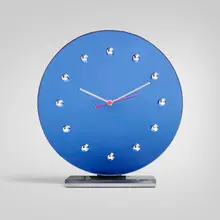 Gilbert Rohde, Table clock, 1933, blue mirrored glass, chrome-plated steel, chrome-plated and enameled metal