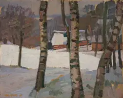 Udo Peters, Bauernhaus hinter Birken im Winter, 1925, Öl auf Pappe