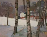 Udo Peters, Bauernhaus hinter Birken im Winter, 1925, Öl auf Pappe