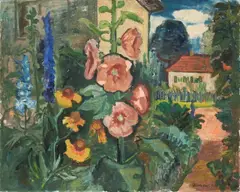 Hans Jüchser, Garten mit Malven und Rittersporn, 1935, Öl auf Leinwand