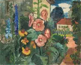 Hans Jüchser, Garten mit Malven und Rittersporn, 1935, Öl auf Leinwand