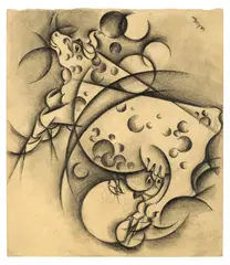 Johannes Molzahn, Kuh mit Kälbchen, 1917, Ölkreide auf bräunlichem Papier (aus einem Skizzenbuch)