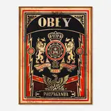 Obey Lions (HPM) by Shepard Fairey, 2004, screenprint in colors, spray paint and paper collage on panel in artist's frame, sold Sep 2025