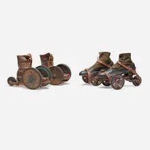 Two pairs of roller skates by Antique, wood, steel, leather, rubber, fabric, sold Sep 2025