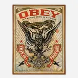 Lesser Gods Eagle (HPM) by Shepard Fairey, 2004, screenprint in colors, spray paint and paper collage on panel in artist's frame, sold Sep 2025