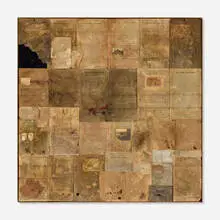 Ron Pippin, Untitled (Wax Manuscripts), wax, nails, found paper and mixed media collage on panel in artist's frame