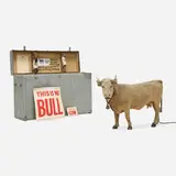 Character Display Company, Antique mechanical cow, c. 1925, faux fur, painted plaster, cardboard, motor, lacquered burlap, leather, wood