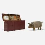 Character Display Company, Antique mechanical hog, c. 1925, faux fur, painted plaster, cardboard, motor, lacquered canvas, wood