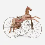 Victorian, Horse toy on wheels, painted steel, leather, textile, straw