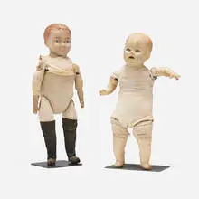 Antique, Dolls, set of two, c. 1920, painted and gessoed composite, wax, glass, fabric