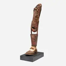 Antique, Child's prosthetic leg on stand, c. 1920, wood, canvas, leather, steel
