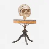 Antique, Phrenological skull, c. 1900, brass, wood, plaster, steel
