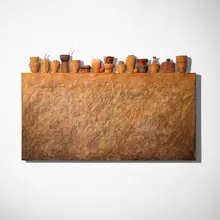 Lissa Hunter, Class, 2005, waxed linen thread, paper cord, paper, paint, various found and natural elements, fiberboard, plaster, pencil