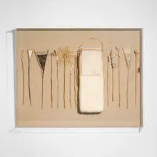 Dominic Di Mare, Untitled, c. 1980, mixed media found objects collaged to linen in acrylic case