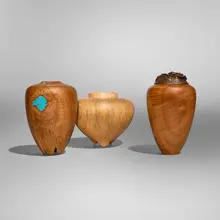Brenda Behrens, Collection of three vessels, 1991, myrtle, bronze, pecan wood, turquoise, olive wood