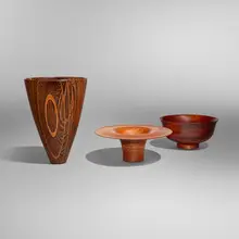 Virginia Dotson, Collection of three vessels, wenge, maple, walnut, igem