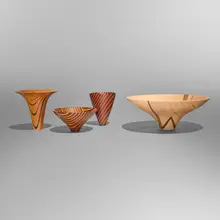 Virginia Dotson, Collection of four vessels, Baltic birch, wenge, various exotic woods