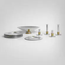 Lurelle Guild, Collection of table accessories from the Kensington series, 1934-35, aluminum, gilt brass