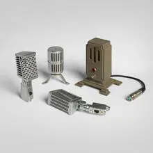 Modern, Collection of four microphones, c. 1935-1965, brushed aluminum, chrome-plated metal, crackle-lacquered metal