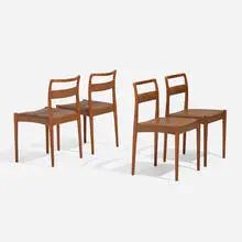 Dining chairs, set of four by Kai Kristiansen, c. 1965, vinyl upholstery, teak, sold Apr 2026
