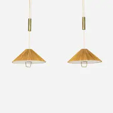 Counterbalance hanging lamps, pair by Lisa Johansson-Pape, c. 1945, brass, wood veneer and silk shade, sold Apr 2026