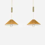 Lisa Johansson-Pape, Counterbalance hanging lamps, pair, c. 1945, brass, wood veneer and silk shade
