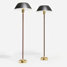 Lisa Johansson-Pape, Floor lamps, pair, c. 1957, linoleum, brass, enameled aluminum, plastic