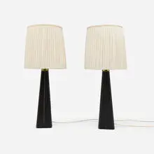 Table lamps, pair by Lisa Johansson-Pape, c. 1955, leather, silk shades, brass, sold Apr 2026