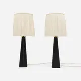 Lisa Johansson-Pape, Table lamps, pair, c. 1955, leather, silk shades, brass
