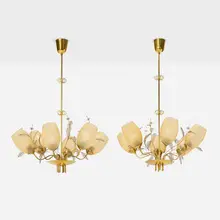 Paavo Tynell, Chandeliers model 9029/6, pair, c. 1954, brass, frosted glass