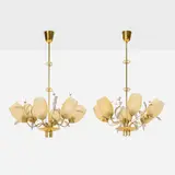 Paavo Tynell, Chandeliers model 9029/6, pair, c. 1954, brass, frosted glass