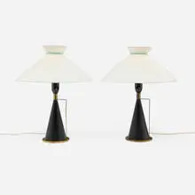 Maria Lindeman, Table lamps model K 11-24, pair, c. 1958, lacquered brass, brass, silk shades