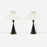 Maria Lindeman, Table lamps model K 11-24, pair, c. 1958, lacquered brass, brass, silk shades
