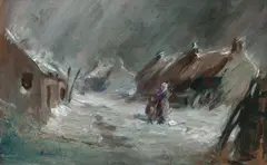 A village in winter by John Russell Greig, oil on panel, each: 12 x 18.5cm (4 3/4 x 7 5/16in), together with another by the same hand (2), sold Jun 2018