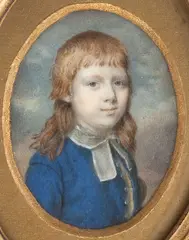 Charles Hayter, A portrait miniature of a young boy wearing a blue coat and white bands., Watercolour on ivorY, gilt-wood frame