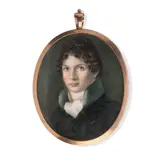 English School, A portrait miniature of a gentleman wearing a blue coat, white stock and chemise., Watercolour on ivory, gold frame, the reverse glazed to reveal hairwork decoration set with gilt-wire, seed and half pearls on an opalescent glass ground