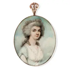 Henry Edridge, A portrait miniature of a lady wearing a pale blue bodice over a white chemise, her powdered hair worn à la conseilleur and secured with a white bandeau., Watercolour on ivory, gold frame with pierced suspension loop