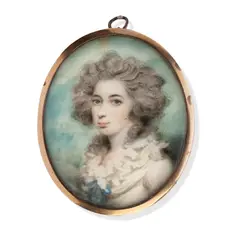 Andrew Plimer, A portrait miniature of a lady wearing a white dress, her frilled chemise tied with blue ribbon, her powdered hair worn à la conseilleur., Watercolour on ivory, gold frame, the reverse glazed to reveal plaited hair