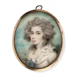 Andrew Plimer, A portrait miniature of a lady wearing a white dress, her frilled chemise tied with blue ribbon, her powdered hair worn à la conseilleur., Watercolour on ivory, gold frame, the reverse glazed to reveal plaited hair