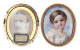 Annie Dixon, A portrait miniature of a young child wearing a white dress., Watercolour on ivory, gilt-mounted within a rectangular velvet lined gilded frame