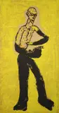 Markus Lüpertz, Jüngling mit Taube, 1989, Farbholzschnitt von 3 Stöcken, zum Teil monotypieartig in verschiedenen Farben gedruckt, auf festem Papier, auf Leinwand aufgezogen