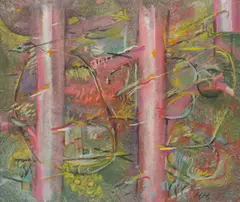 Hannah Höch, Blick durch den Zaun, 1929, Gouache auf Papier (Rückseite einer Werbeanzeige)