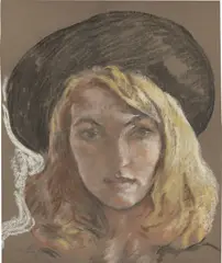 Lotte Laserstein, Porträt einer jungen Frau mit Hut, Pastell auf braunem Papier
