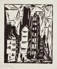 Pariser Häuser by Lyonel Feininger, 1919, Holzschnitt auf dünnem Japan, sold Dec 2007