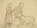 Paula Modersohn-Becker, Zwei Kinder mit Schaf, Um 1902, Kohle auf chamoisfarbenem Papier
