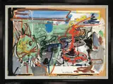 Dieter Roth, Hare and Men Trapped on Stage, Complaining, 1976, Öl über Offset auf Papier und Karton, auf Hartfaser aufgezogen