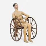 19th Century, Mannequin and wheelchair, papier-mâché, metal, textile, iron, oak