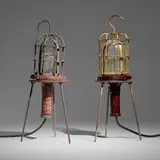McGill Mfg. Co., Hanging lanterns on stands, set of two, c. 1955, gilt bronze, bronze, Bakelite, iron