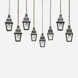 Vintage, Collection of eight lanterns, steel, enameled steel, glass